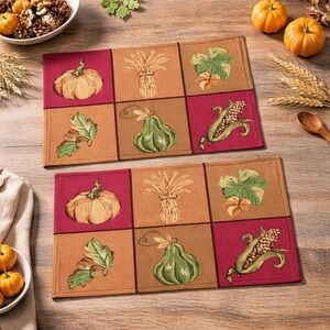 Colorful Fabric Tapestry Placemats Set 2 Fall Harvest Thanksgiving Dinner Linens